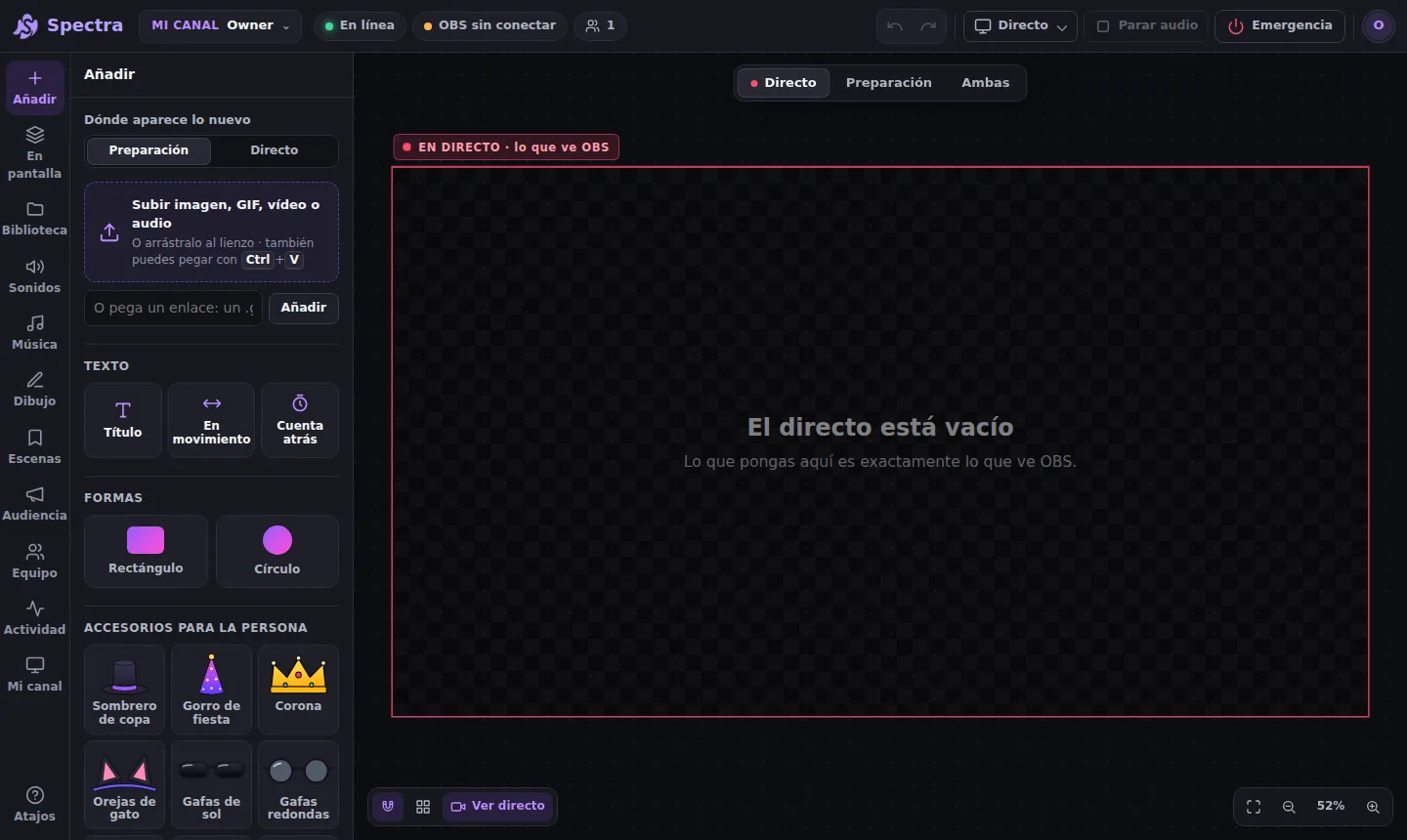 Estudio de Spectra con las herramientas a la izquierda y el lienzo del directo en el centro