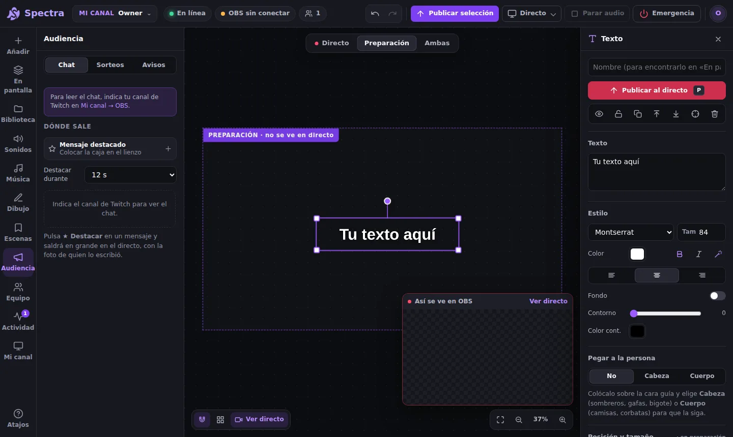 Panel Audiencia de Spectra en la pestaña Chat con las opciones del chat en pantalla