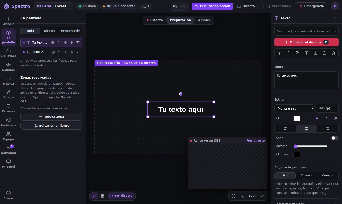 Panel En pantalla de Spectra con la lista de elementos y los controles para ocultar, bloquear y ordenar