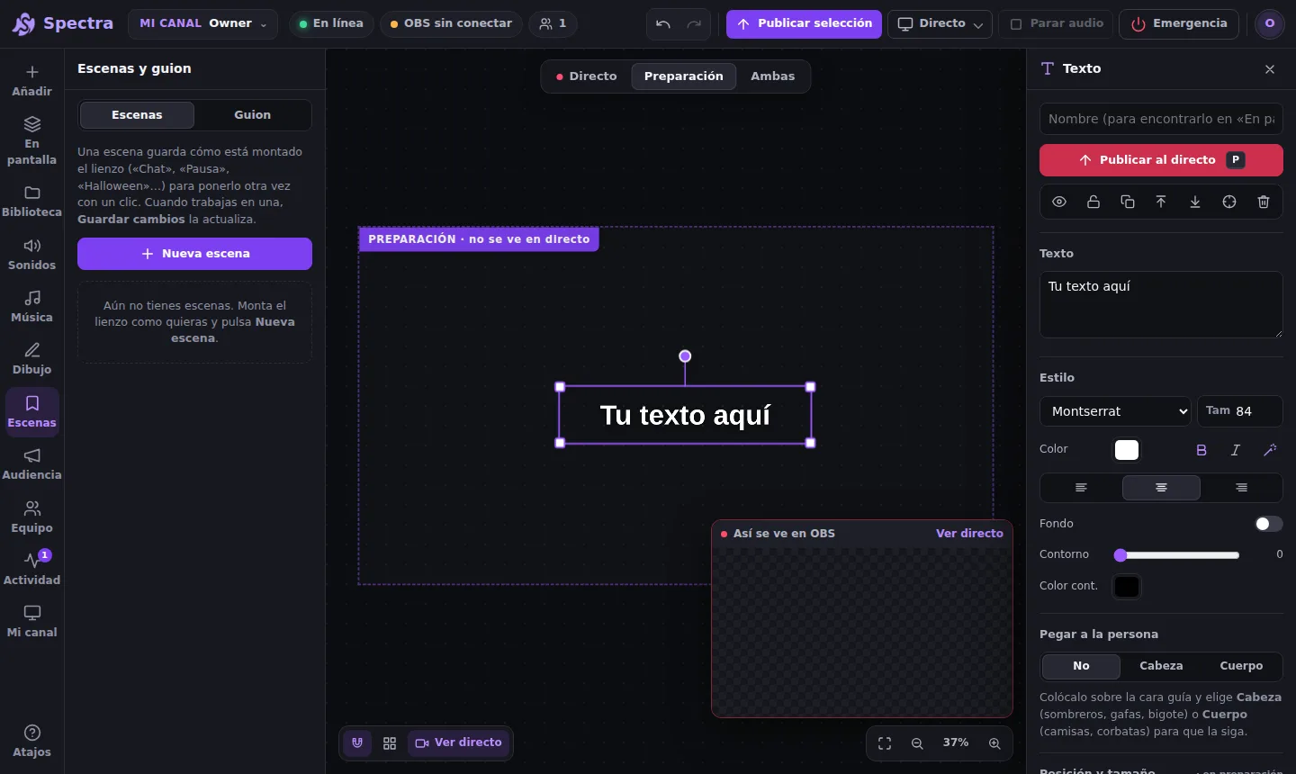 Panel Escenas y guion de Spectra con el botón para guardar la escena actual