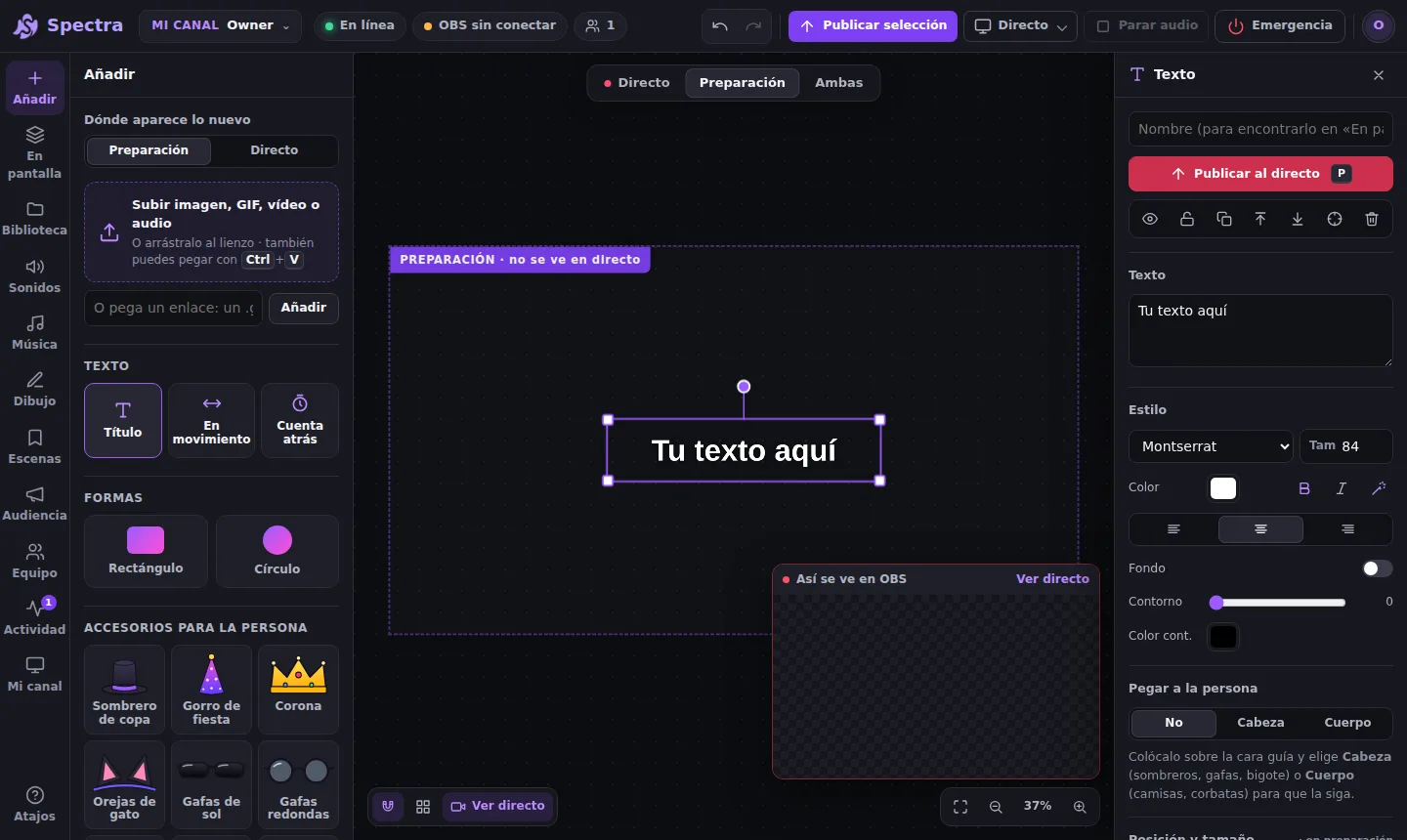Un título «Tu texto aquí» en la zona de Preparación del lienzo de Spectra